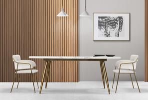 Modern living room with geometric patterned accent wall, fluted wood TV unit, and marble coffee table